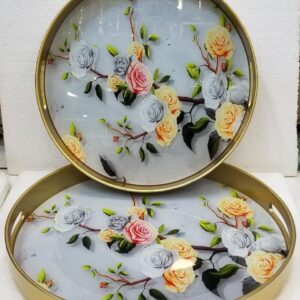 Multipurpose 2 Piece Set Round Shape Flower Design Table Tray with Serving Handle