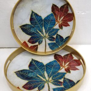 Multipurpose 2 Piece Set Round Shape Red Blue Leaf Design Table Tray with Serving Handle